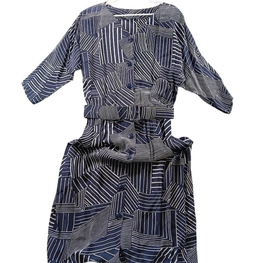 Vintage Karin Stevens Dress Womens Medium Blue Geometric Belted Shirt Maxi